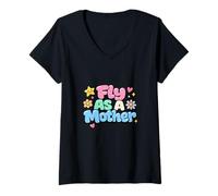 Mujer Fly As A Mother Funny Diciendo Mamá Día de la Madre Camiseta Cuello V