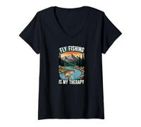 Mujer Fly Fishing Is My Therapy Trout Fisherman Angler Nature Camiseta Cuello V