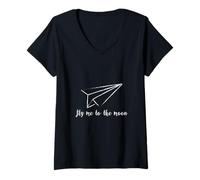 Mujer Fly Me to The Moon Paper Avión Ilustración T Shirt Camiseta Cuello V