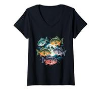 Mujer Flying Fish bajo la Luna terrestre para los Amantes de los Peces Camiseta Cuello V