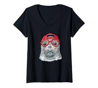 Mujer Foca Divertida con Gafas Rojas y Estilo Marino Camiseta Cuello V