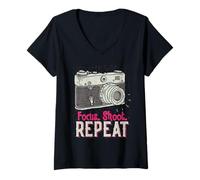 Mujer Focus Shoot Repeat Photography Photographer Camera Vintage Camiseta Cuello V
