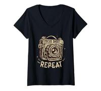Mujer Focus Shoot Repeat Vintage Camera Photography Retro Photo Camiseta Cuello V