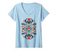 Mujer Folk Mandala Corazón Pájaros Flores Arte Polaco Camiseta Cuello V