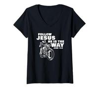 Mujer Follow Jesus He is The Way Christian Motorcycle Gospel Biker Camiseta Cuello V