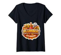 Mujer Fontanero Feliz Acción de Gracias Otoño Otoño Pavo Calabaza Camiseta Cuello V