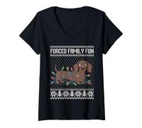 Mujer Forced Family Fun Dachshund Christmas Lights Wiener Dog Christmas Camiseta Cuello V