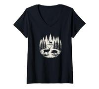 Mujer Forest Hunting Design, Deer And Wild Boar In Front Of High Camiseta Cuello V
