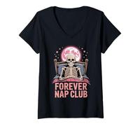 Mujer Forever Nap Club Divertido Esqueleto Diseño de Halloween Camiseta Cuello V