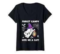 Mujer Forget Candy Give Me A Cat Halloween Fantasma Sosteniendo Gato Negro Camiseta Cuello V