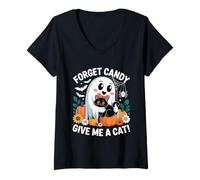 Mujer Forget Candy Give Me A Cat Halloween Fantasma Sosteniendo Gato Negro Camiseta Cuello V