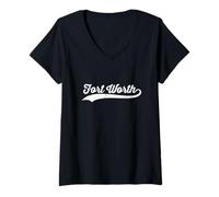 Mujer Fort Worth Texas Vintage Cursiva US City Name Retro Sports Camiseta Cuello V