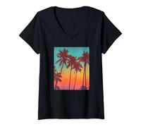 Mujer Fotografía Vintage Color de Palmeras Isla Atardecer Fotografía Camiseta Cuello V