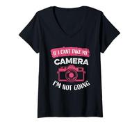 Mujer Fotógrafo divertido, cámara retro, lente fotográfica, fotografía Camiseta Cuello V