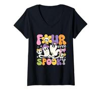 Mujer Four Ever Spooky Fiesta de Cumpleaños Chica 4 Años Coqueta Camiseta Cuello V