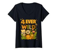 Mujer Four Ever Wild 4th Birthday Safari Jungle Animal Niños Niñas Camiseta Cuello V