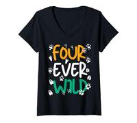 Mujer Four Ever Wild It's My 4th Birthday Zoo Safari Party Animal Camiseta Cuello V