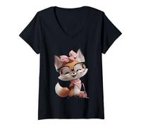 Mujer Fox Baby Pink Leopard Gafas Girly Glam Fashion Graphic Camiseta Cuello V