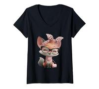 Mujer Fox Baby Pink Leopard Gafas Girly Glam Fashion Graphic Camiseta Cuello V