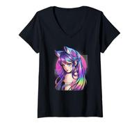 Mujer Fox Girl Anime Estética Vaporwave Peludo Gato Orejas Camiseta Cuello V