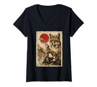 Mujer Fox Howling Vintage Ukiyo-e Arte japonés Camiseta Cuello V