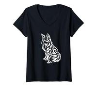 Mujer Fox Line Art Boho Tribal Gaélico Blanco Ornamental Camiseta Cuello V