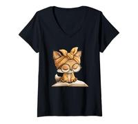 Mujer Fox Open Book Reading Animal Lover Gráfico Retrato Redondo Camiseta Cuello V