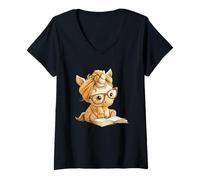 Mujer Fox Open Book Reading Animal Lover Gráfico Retrato Redondo Camiseta Cuello V