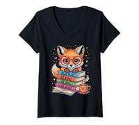 Mujer Fox Read Books Be Kind Stay Weird, Lindo Amante de los Libros de Animales Camiseta Cuello V