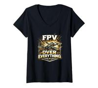 Mujer FPV Over Everything Drone Quad Pilot Gold Vintage Gift Camiseta Cuello V