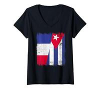 Mujer Francia Cuba Media Bandera Patrimonio Cubano Francés Camiseta Cuello V