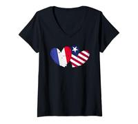 Mujer Francia Liberia Amor Corazón Francés Liberiano Doble Bandera Camiseta Cuello V