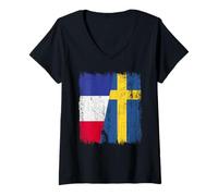 Mujer Francia Suecia Media Bandera Francesa Raíces Suecas Camiseta Cuello V