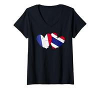 Mujer Francia, Tailandia, corazón, Banderas, francés, tailandés, Orgullo del Amor Camiseta Cuello V