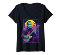 Mujer Frankenstein Halloween Monster Tocando la Guitarra 80s Vaporwave Camiseta Cuello V