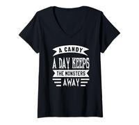Mujer Frase de Dulces de Halloween Mantiene alejados a los Monstruos Camiseta Cuello V