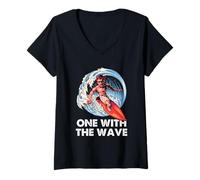 Mujer Frases artísticas Surfing One with The Wave Surfer Barrel Ocean Camiseta Cuello V