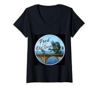 Mujer Fred en el Viejo Siete, árbol, Puente de 7 Millas Marathon Keys Camiseta Cuello V