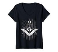 Mujer Freemason USA Flag Brújula Grunge Camiseta Cuello V