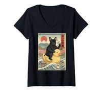Mujer French Bull Dog Ninja Japón Vintage Japonés Ukiyo-e Arte Camiseta Cuello V