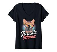 Mujer Frenchie Mama Fun French Bulldog Sunglasses Camiseta Cuello V