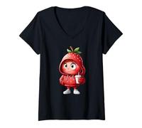 Mujer Fresa adorable estilo cartoon con café en la mano Camiseta Cuello V