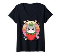 Mujer Fresa Dulce Ratón Kawaii Corazones Arcoiris Camiseta Cuello V