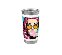Mujer fresca con goma de mascar en traje de estilo pop art Vaso térmico de acero inoxidable de doble pared