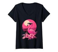 Mujer Fresco Flamenco Rosa Con Gafas De Sol Retro Puesta De Sol Vi Camiseta Cuello V