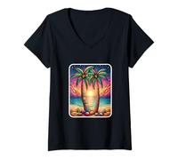 Mujer Fresco Verano Vacaciones Puesta Del Sol Playa Palmeras Hombres Mujeres Arte Camiseta Cuello V