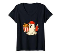 Mujer Fried Chicken Halloween Ghost Foodie Halloween Delivery Man Camiseta Cuello V