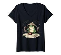 Mujer Frog Eating Kawaii Neko Japanese Noodles Anime Samurai Sombrero Camiseta Cuello V
