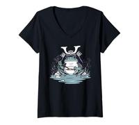 Mujer Frog Eating Kawaii Neko Japanese Noodles Anime Samurai Sombrero Camiseta Cuello V