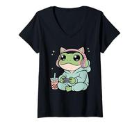 Mujer Frog Gamer Kawaii con Auriculares Estéticos Boba Camiseta Cuello V
